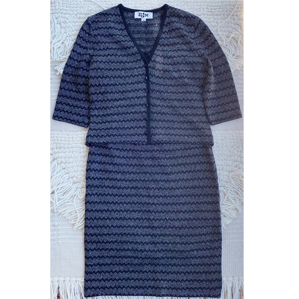 ST. JOHN vintage black and silver chevron knit cardigan sweater and dress set